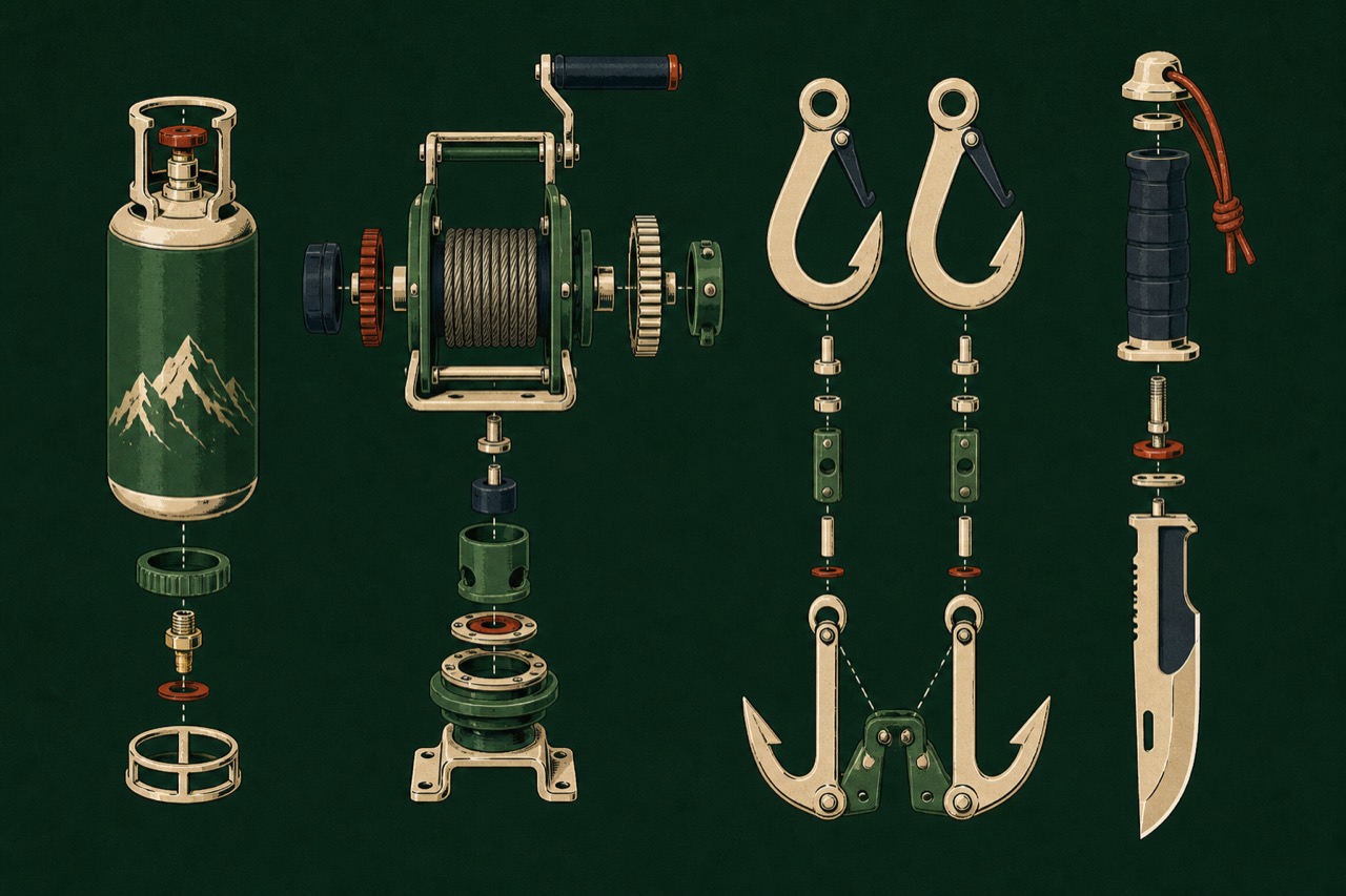 Illustration: an exploded technical diagram of ODM gear, showing the gas canister, cable winch, anchor hooks and blade.