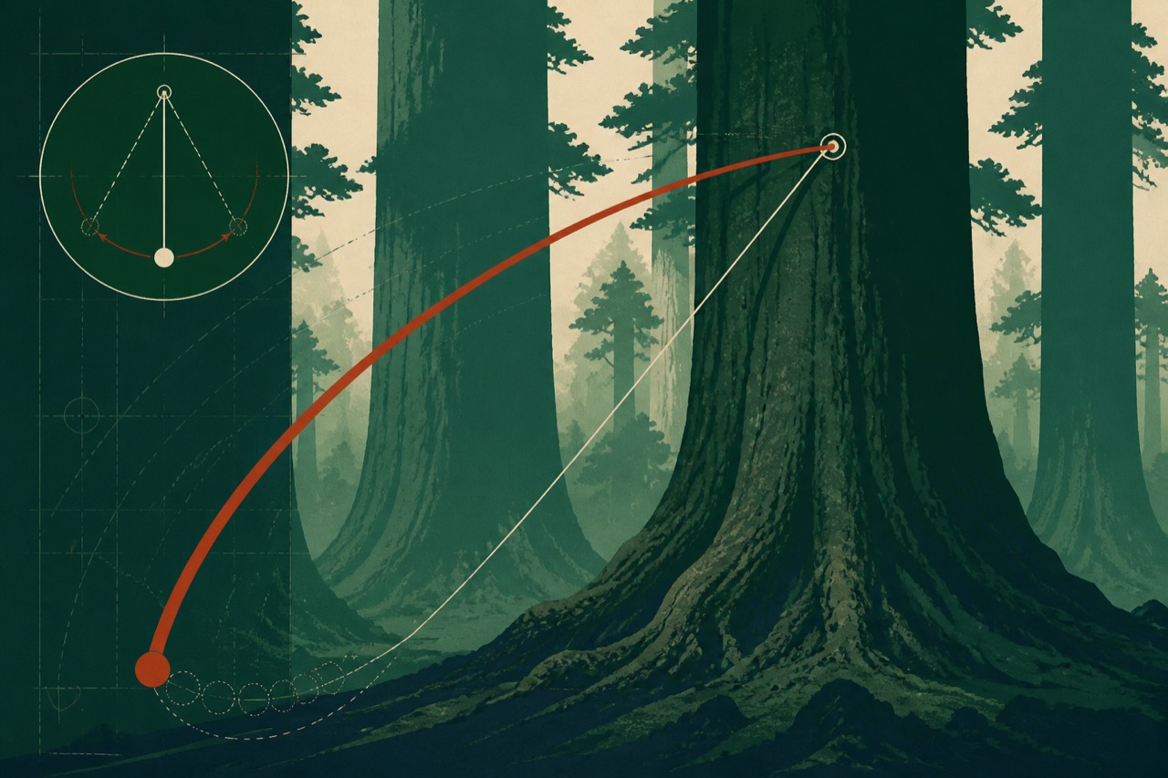 Illustration: a figure swinging on a cable anchored to a colossal tree, the arc of the swing traced behind them.