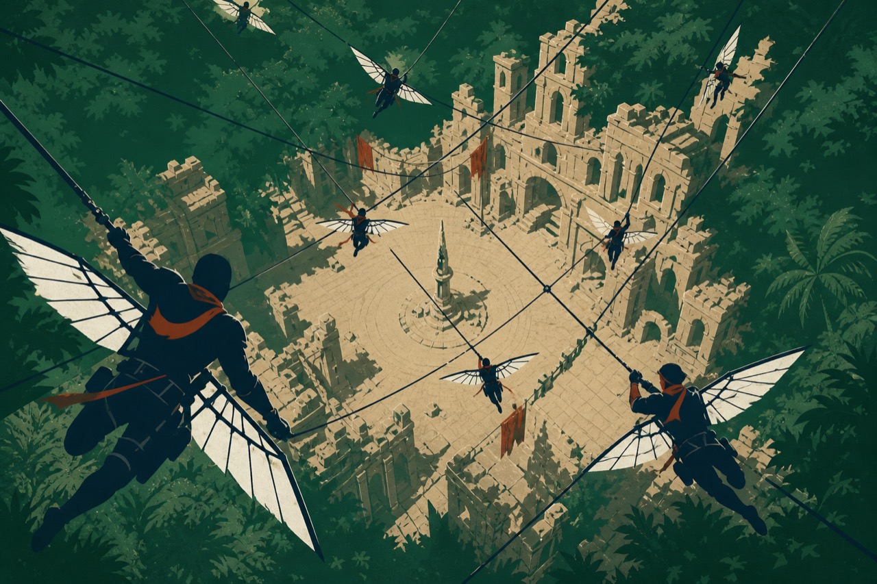Illustration: several figures on crossing cables converging above a ruined town square.